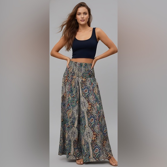 By Design Pants - Shirred Waist Paisley Print Wide Leg Palazzo Pants